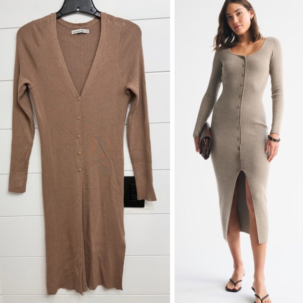 Abercrombie & Fitch Brown V-neck Ribbed Sweater Dress Size Medium 23354